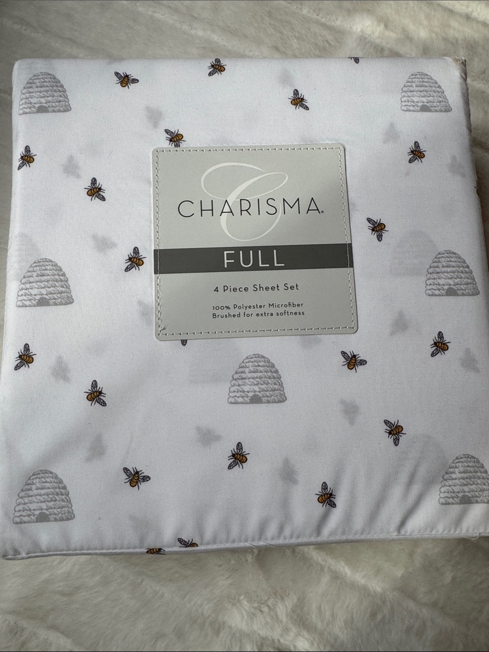 Charisma Full Bee & Beehive Printed Sheet Set in White, Grey & Yellow NWT
